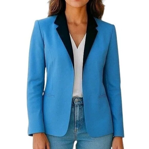 Kasper Blazer Women Size 10 Open Front Slit Bracelet Cuff Linen Blend Lined Blue - Picture 1 of 10